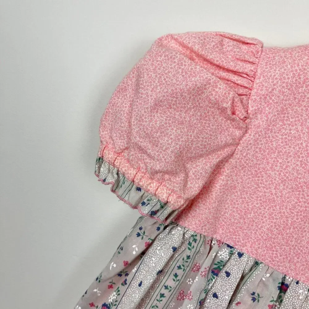 Vintage Girls Pink Gray Floral Tiered Dress
